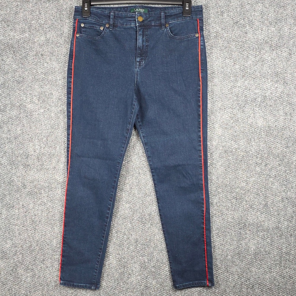 Lauren Ralph Lauren Women 10 Premier Skinny Cropped Jeans Blue Red Side Stripes